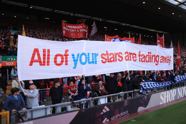 Liverpool v Manchester City 11th October 2026 - Premier League - Liverpool v Manchester City - Liverpool fans hold up banners commenting on the guilty Manchester City financial verdict - Photo: Simon Stacpoole Offside. Liverpool UK Copyright: xSimonxStacpoolexOffside