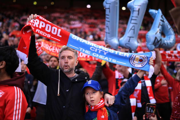Liverpool v Manchester City 11th October 2026 - Premier League - Liverpool v Manchester City - Liverpool fans hold up a scarf commenting on the guilty Manchester City financial verdict - Photo: Simon Stacpoole Offside. Liverpool UK Copyright: xSimonxStacpoolexOffside