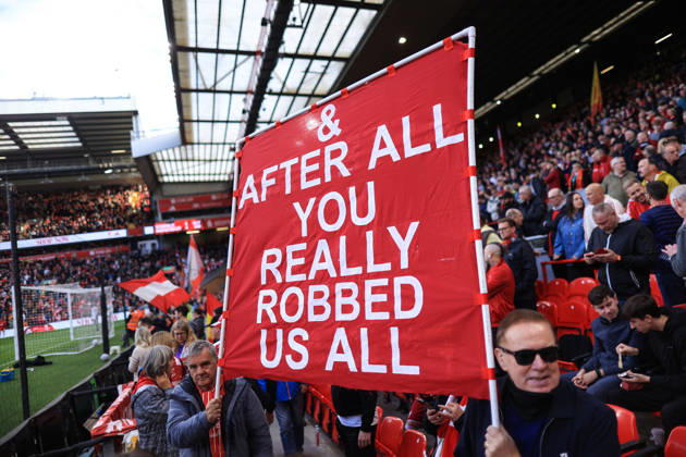 Liverpool v Manchester City 11th October 2026 - Premier League - Liverpool v Manchester City - Liverpool fans hold up banners commenting on the guilty Manchester City financial verdict - Photo: Simon Stacpoole Offside. Liverpool UK Copyright: xSimonxStacpoolexOffside