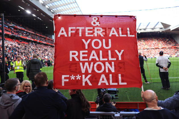 Liverpool v Manchester City 11th October 2026 - Premier League - Liverpool v Manchester City - Liverpool fans hold up banners commenting on the guilty Manchester City financial verdict - Photo: Simon Stacpoole Offside. Liverpool UK Copyright: xSimonxStacpoolexOffside