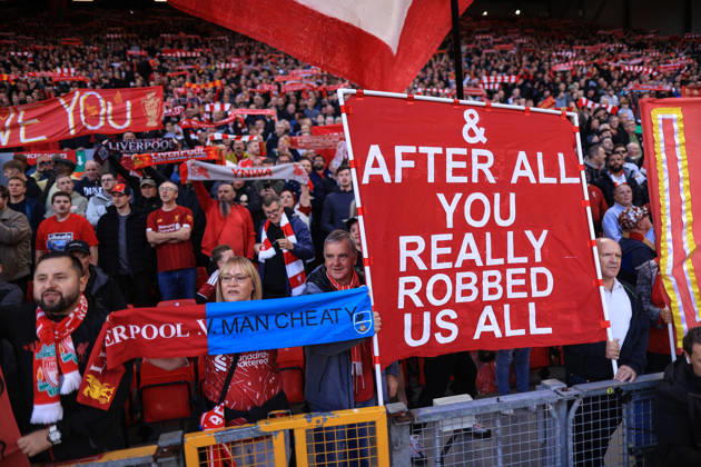 Liverpool v Manchester City 11th October 2026 - Premier League - Liverpool v Manchester City - Liverpool fans hold up banners commenting on the guilty Manchester City financial verdict - Photo: Simon Stacpoole Offside. Liverpool UK Copyright: xSimonxStacpoolexOffside