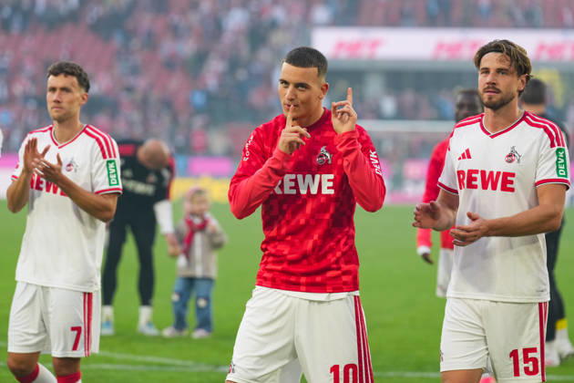 11.10.2026, xydrx, Herren, Fußball, 1.Bundesliga, 1.FC Köln - Borussia Mönchengladbach, Saison 2026 2027, RheinEnergieSTADION: Luca Waldschmidt (1.FC Köln, 7) Said El Mala (1.FC Köln, 10) Imad Rondic (1.FC Köln, 15) bejubeln den Sieg DFB regulations prohibit any use of photographs as image sequences and or quasi-video. Copyright: HMBxMedia YannisxDreimann