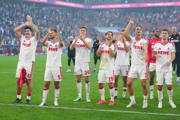 11.10.2026, xydrx, Herren, Fußball, 1.Bundesliga, 1.FC Köln - Borussia Mönchengladbach, Saison 2026 2027, RheinEnergieSTADION: Luka Lochoshvili (1.FC Köln, 24) Tom Krauß (1.FC Köln, 5) Marius Buelter (1.FC Köln, 30) Jan Thielmann (1.FC Köln, 29) Joel Schmied (1.FC Köln, 2) Luca Waldschmidt (1.FC Köln, 7) bejubeln den Sieg DFB regulations prohibit any use of photographs as image sequences and or quasi-video. Copyright: HMBxMedia YannisxDreimann