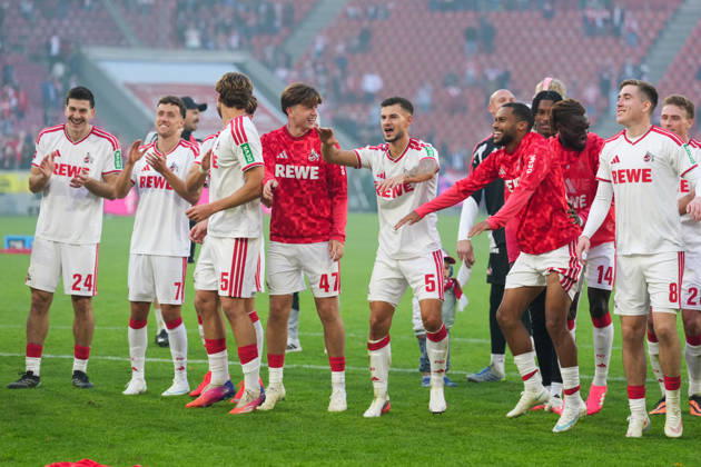 11.10.2026, xydrx, Herren, Fußball, 1.Bundesliga, 1.FC Köln - Borussia Mönchengladbach, Saison 2026 2027, RheinEnergieSTADION: Luka Lochoshvili (1.FC Köln, 24) Luca Waldschmidt (1.FC Köln, 7) Imad Rondic (1.FC Köln, 15) Mikey Moore (1.FC Köln, 47) Tom Krauß (1.FC Köln, 5) Gideon Mensah (1.FC Köln, 14) Isak Johannesson (1.FC Köln, 8) bejubeln den Sieg DFB regulations prohibit any use of photographs as image sequences and or quasi-video. Copyright: HMBxMedia YannisxDreimann