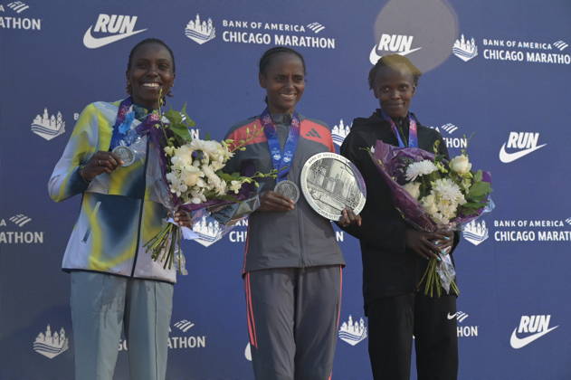 Chicago Marathon 2026 CHICAGO, ILLINOIS - OCTOBER 11: Ethiopian runner Hawi Feysa (C) wins the women s professional division at the 48th Bank of America Chicago Marathon in Chicago, United States on October 11, 2026. Over 55,000 participants competed on the 26.2-mile course starting and finishing in Grant Park. Sharon Lokedi took silver medal and Brigid Kosgei took the bronze medal. Jacek Boczarski Anadolu Chicago United States. Editorial use only. Please get in touch for any other usage. Copyright: x2026xAnadoluxJacekxBoczarskix