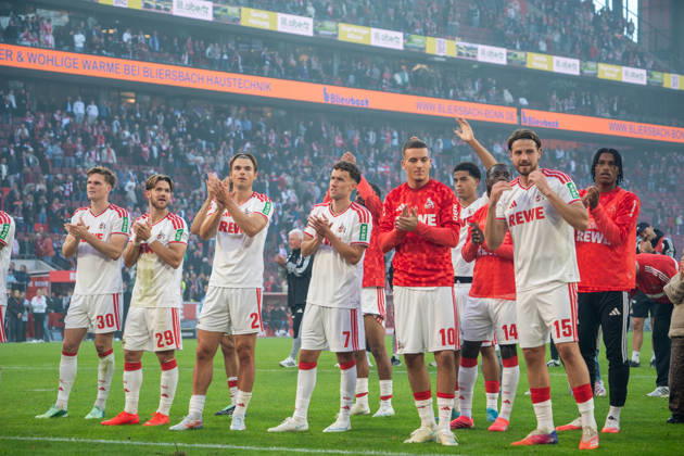 Deutschland: 1.Bundesliga 2026 2027, 5. Spieltag, 1.FC Köln vs Borussia Mönchengladbach, Sonntag, 11.10.2026 RheinEnergie-Stadion (Köln-Nordrhein-Westfalen): Said El Mala (1.FC Köln, 10) und Jo?l Schmied (1.FC Köln, 2) Luca Waldschmidt (1.FC Köln,7) Freude, Emotionen, Jubel ,Siegesfeier, Reaktion, nach dem Sieg Köln RheinEnergier-Stadion, Köln Deutschland Copyright: xOrhanxHabashx