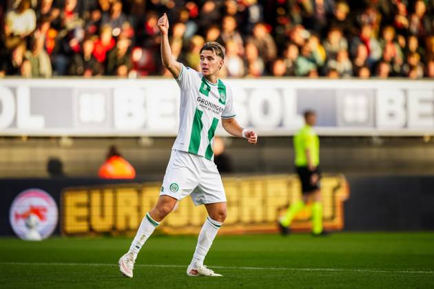 ROTTERDAM , 11-10-2026 , Stadium Woudestein , season 2026 2027 , Dutch Eredivisie football , match between Excelsior Rotterdam and FC Groningen , picture shows FC Groningen player Brynjoflur Willumsson celebrates his goal after he scores the 1-4 Excelsior - Groningen  x208176451x Copyright: