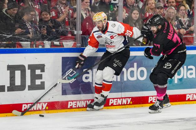 Eishockey Penny-DEL 8.Spieltag Kölner Haie - Nürnberg Ice Tigers am 11.10.2026 in der Lanxess Arena in Köln Constantin Braun ( Nürnberg ), links - Ryan Macinnis ( Köln ), rechts Gemäß den Vorgaben der DEL Deutsche Eishockey Liga ist die Publikation und Weiterverwertung der Aufnahmen in elektronischen Medien und Endgeräten aller Art während des laufenden Spiels nicht zulässig.