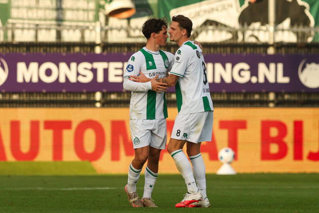 2026-10-11 Excelsior Rotterdam v FC Groningen - Dutch Eredivisie ROTTERDAM, NETHERLANDS - OCTOBER 11: Thom van Bergen of FC Groningen, Tika de Jonge of FC Groningen celebrates after scoring the third goal of the team during the Dutch Eredivisie match between Excelsior Rotterdam and FC Groningen at Stadion Woudestein on October 11, 2026 in Rotterdam, Netherlands. Rotterdam Stadion Woudestein Netherlands Content not available for redistribution in The Netherlands directly or indirectly through any third parties. Copyright: xHansxvanxderxValkx