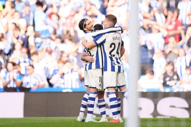 October 11, 2026, San Sebastian, Guipuzcoa, Spain: Goncalo Guedes of Real Sociedad celebrates after scoring the team s third goal during the LaLiga EA Sports match between Real Sociedad and RC Deportivo de A Coruna at Anoeta on October 11, 2026, in San Sebastian, Spain. San Sebastian Spain - ZUMAa181 20261011_zaa_a181_142 Copyright: xRicardoxLarreinax