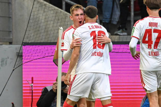 Isak Johannesson (Koeln 8) jubelt nach dem Tor zum 1:0 mit Said El Mala (Koeln 10) 11.10.2026 ¢ Fussball ¢ 1. FC Koeln vs Borussia Moenchengladbach, RheinEnergieStadion, Koeln, DFB DFL REGULATIONS PROHIBIT ANY USE OF PHOTOGRAPHS AS IMAGE SEQUENCES AND OR QUASI-VIDEO NRW Germany
