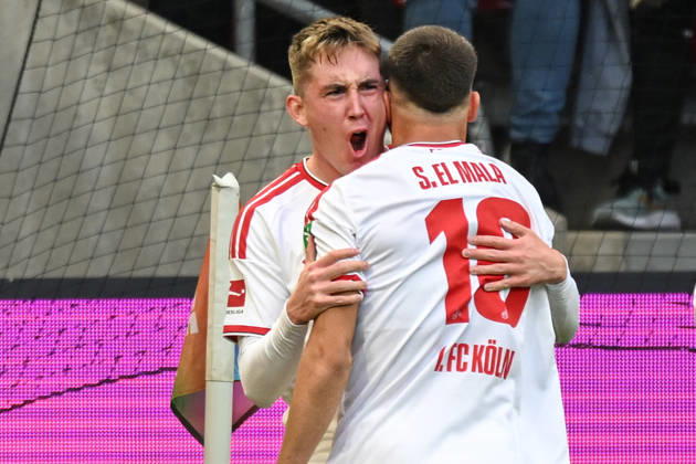 Isak Johannesson (Koeln 8) jubelt nach dem Tor zum 1:0 mit Said El Mala (Koeln 10) 11.10.2026 ¢ Fussball ¢ 1. FC Koeln vs Borussia Moenchengladbach, RheinEnergieStadion, Koeln, DFB DFL REGULATIONS PROHIBIT ANY USE OF PHOTOGRAPHS AS IMAGE SEQUENCES AND OR QUASI-VIDEO NRW Germany
