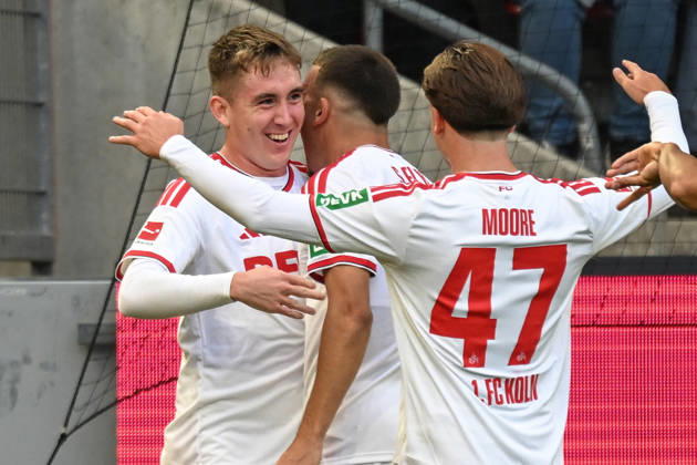 Isak Johannesson (Koeln 8) jubelt nach dem Tor zum 1:0 mit Said El Mala (Koeln 10) Mikey Moore (Koeln 47) 11.10.2026 ¢ Fussball ¢ 1. FC Koeln vs Borussia Moenchengladbach, RheinEnergieStadion, Koeln, DFB DFL REGULATIONS PROHIBIT ANY USE OF PHOTOGRAPHS AS IMAGE SEQUENCES AND OR QUASI-VIDEO NRW Germany