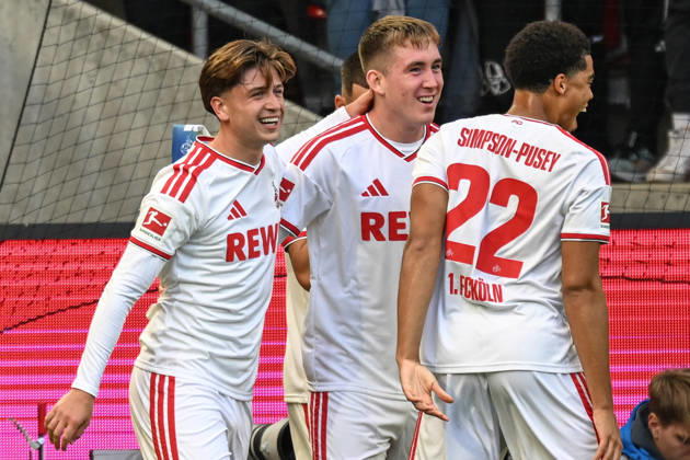 Isak Johannesson (Koeln 8) jubelt nach dem Tor zum 1:0 mit Mikey Moore (Koeln 47) Jahmai Simpson-Pusey (Koeln 22) 11.10.2026 ¢ Fussball ¢ 1. FC Koeln vs Borussia Moenchengladbach, RheinEnergieStadion, Koeln, DFB DFL REGULATIONS PROHIBIT ANY USE OF PHOTOGRAPHS AS IMAGE SEQUENCES AND OR QUASI-VIDEO NRW Germany