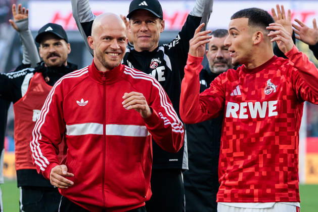 KOELN, GERMANY - OCTOBER 11: Rene Wagner (Head Coach 1. FC Koeln) and Said El Mala (1. FC Koeln, 10) celebrate the derby win with the fans after the Bundesliga match between 1. FC Koeln vs. Borussia Moenchengladbach at Rheinenergie-Stadion on matchday 5 of the 1. Bundesliga on October 11, 2026 in Koeln, Germany. DFL REGULATIONS PROHIBIT ANY USE OF PHOTOGRAPHS AS IMAGE SEQUENCES AND OR QUASI-VIDEO. North Rhine Westphalia Germany Copyright: xSteffiexWunderlx