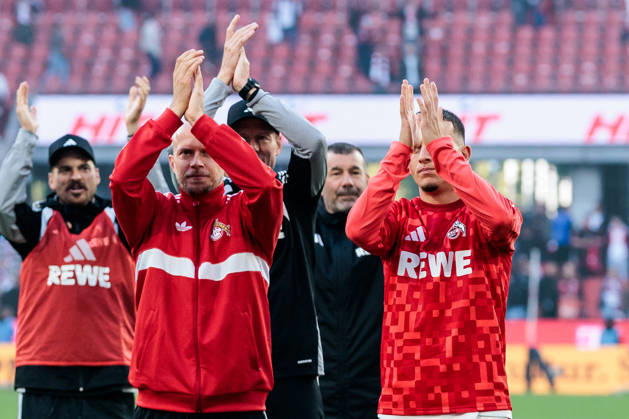 KOELN, GERMANY - OCTOBER 11: Rene Wagner (Head Coach 1. FC Koeln) and Said El Mala (1. FC Koeln, 10) celebrate the derby win with the fans after the Bundesliga match between 1. FC Koeln vs. Borussia Moenchengladbach at Rheinenergie-Stadion on matchday 5 of the 1. Bundesliga on October 11, 2026 in Koeln, Germany. DFL REGULATIONS PROHIBIT ANY USE OF PHOTOGRAPHS AS IMAGE SEQUENCES AND OR QUASI-VIDEO. North Rhine Westphalia Germany Copyright: xSteffiexWunderlx