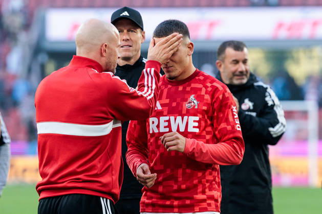 KOELN, GERMANY - OCTOBER 11: Rene Wagner (Head Coach 1. FC Koeln) tapping Said El Mala (1. FC Koeln, 10) on the forehead after the Bundesliga match between 1. FC Koeln vs. Borussia Moenchengladbach at Rheinenergie-Stadion on matchday 5 of the 1. Bundesliga on October 11, 2026 in Koeln, Germany. DFL REGULATIONS PROHIBIT ANY USE OF PHOTOGRAPHS AS IMAGE SEQUENCES AND OR QUASI-VIDEO. North Rhine Westphalia Germany Copyright: xSteffiexWunderlx