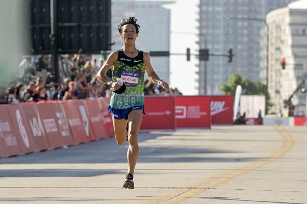 Akira Akasaki of Japan crosses the finish line with a time of 02:05:47 placing 9th over all during 2026 Bank of America Chicago Marathon in Chicago on Sunday, Oct. 11, 2026.  CHI20261011101 MARKxBLACK