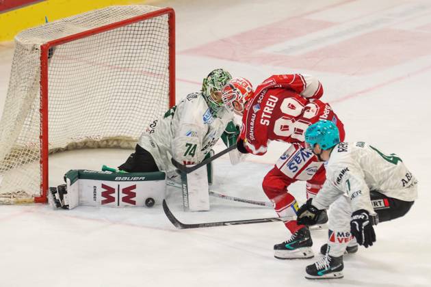Sahnpark Crimmitschau 11.10.2026 Saison 2026 27 Eishockey 2. Bundesliga Hauptrunde Spiel 8. Kunsteisstadion Sachsen Sachsenderby Derby Eispiraten Eispiraten - Bietigheim Steelers Sebastian Streu EPC scheitert hier an Keanu Salmik Torhüter Bietigheim - Steven Raabe Bietigheim kann Streu nicht halten Crimmitschau Sachsen Germany