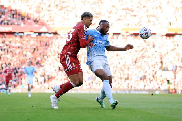 Liverpool v Manchester City 11th October 2026 - Premier League - Liverpool v Manchester City - Ronald Araujo of Liverpool and Antoine Semenyo of Manchester City - Photo: Simon Stacpoole Offside. Liverpool UK Copyright: xSimonxStacpoolexOffside