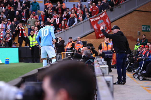 Liverpool v Manchester City 11th October 2026 - Premier League - Liverpool v Manchester City - A Liverpool fan shouts and gestures at Rayan Cherki of Manchester City - Photo: Simon Stacpoole Offside. Liverpool UK Copyright: xSimonxStacpoolexOffside