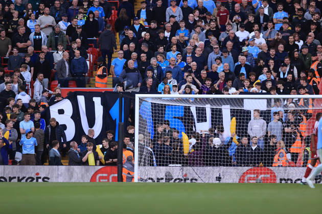 Liverpool v Manchester City 11th October 2026 - Premier League - Liverpool v Manchester City - Manchester City fans unveil a banner criticising the verdict against their financial breaches - Photo: Simon Stacpoole Offside. Liverpool UK Copyright: xSimonxStacpoolexOffside