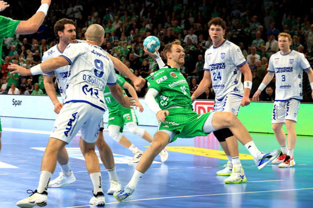 11.10.2026, GER Deutschland, Handball, 1.Bundesliga, 27.08.2026, Saison 2026 2027, Berlin, Fuechse Berlin vs TBV Lemgo Lippe Mathias Gidsel ( Fuechse Berlin 19 ), Christian O Sullivan ( Lemgo 9 ), Joel Willecke ( Lemgo 24 ) nordphoto GmbH Engler Berlin Max-Schmeling-Halle Berlin Deutschland Copyright: xNordphotox xEnglerx