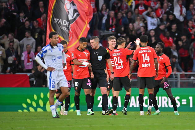 Stade Rennais FC v AJ Auxerre - Ligue 1 McDonald s 2026 2027 Willy DELAJOD referee , Ludovic BLAS of Stade Rennais FC , Boulaye DIA of Rennes celebrate after scores with team during Ligue 1 McDonald s match between Rennes and Auxerre at Roazhon Park on October 11, 2026 in Rennes, France. Rennes France  Copyright: xIconxSportx 776573388