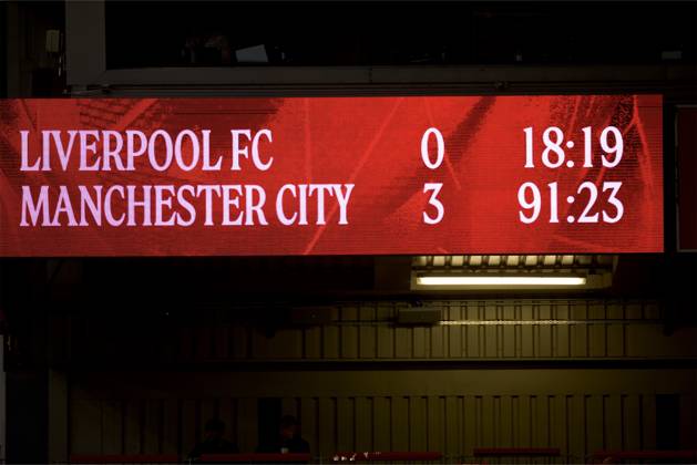 RECORD DATE NOT STATED Football - FA Premier League - Liverpool FC v Manchester City FC LIVERPOOL, ENGLAND - Sunday, October 11, 2026: Scoreboard at 90 minutes during the FA Premier League match between Liverpool FC and Manchester City FC at Anfield. (Photo by David Rawcliffe Propaganda) LIVERPOOL Anfield MERSEYSIDE ENGLAND  Copyright: xDavidxRawcliffex 2026-10-11-Liverpool_v_Man_City-130