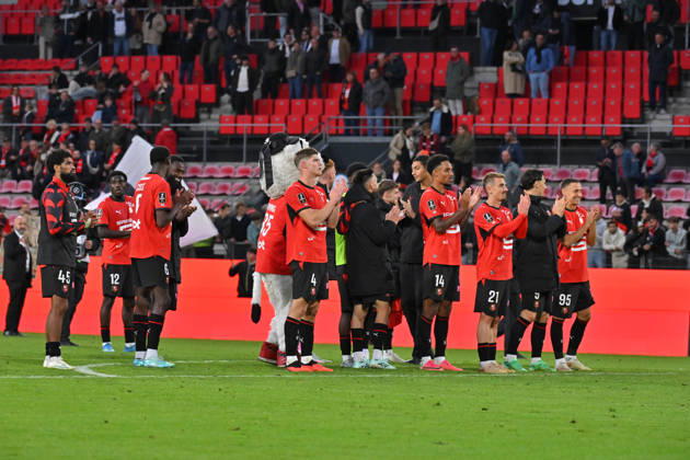 Stade Rennais FC v AJ Auxerre - Ligue 1 McDonald s 2026 2027 Charlie CRESSWELL of Stade Rennais , Bryan Reynolds of Rennes , Valentin RONGIER of Rennes and team during Ligue 1 McDonald s match between Rennes and Auxerre at Roazhon Park on October 11, 2026 in Rennes, France. Rennes France  Copyright: xIconxSportx 776573388