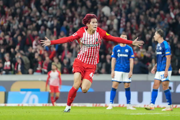 Keisuke Goto (SC Freiburg, 42) Torjubel, Emotionen, Torschuss, Abschluss, Torerfolg, Tor, Treffer , Deutschland, Fussball, 1. Bundesliga, 5.Spieltag, 2026 2027, SC Freiburg vs. FC Schalke 04, 11.10.2026, Europa-Park Stadion, Freiburg Freiburg Europa-Park Stadion Baden-Württemberg Deutschland Copyright: xArnexAmbergx