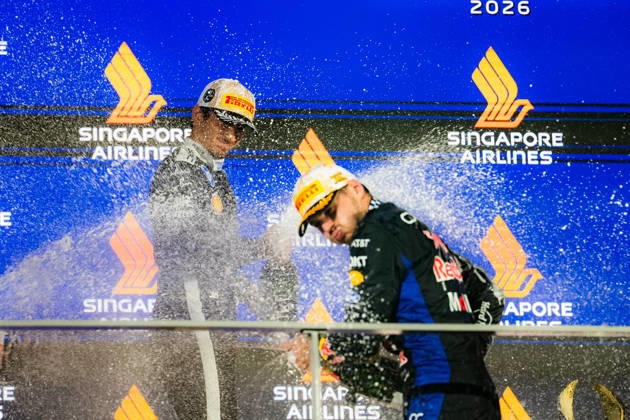 2026 Formula 1 Singapore Grand Prix - Podium CHARLES LECLERC 16 (MON) of Scuderia Ferrari HP (Ferrari SF-26) and MAX VERSTAPPEN 1 (NED) of Oracle Red Bull Racing (Red Bull Racing RB22) champagne celebration on the podium on Sunday Race Day during the Formula 1 Singapore Airlines Singapore Grand Prix 2026 at Marina Bay Street Circuit, Singapore, on October 11, 2026. Photo by Antoine Lapeyre Reveries Agency via ABACAPRESS.COM Singapore Singapore Copyright: xAntoinexLapeyre ReveriesxAgency ABACAx