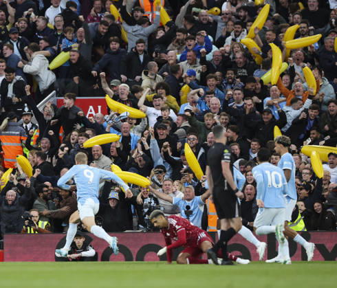 Liverpool v Manchester City, FA Premier League 11.10.26&xA;Liverpool v Manchester City, FA Premier League&xA;Bradley Ormesher The Times&xA;Man City Fans celebrate Erling Haaland of Manchester City scoring his teams 1st goal  Copyright: xbradleyxormesherx NINTCHDBPICT001115027300