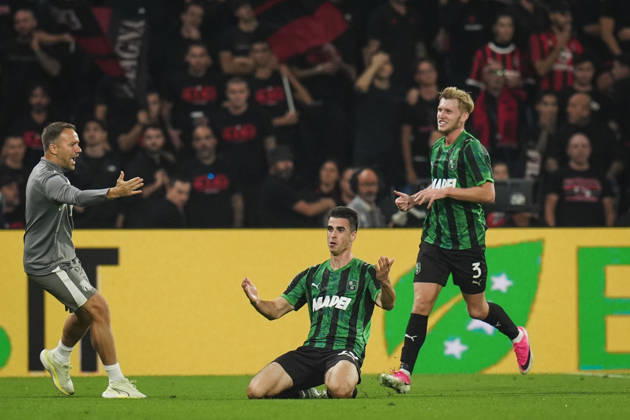 Sassuolo™s Cas Odenthal celebrates after scoring the 1-1 goal for his team during the Serie A soccer match between Sassuolo and Milan at the Mapei Stadium in Reggio Emilia, north Italy - Sunday, October 11, 2026 -  Copyright: xMassimoxPaolone LaPressex