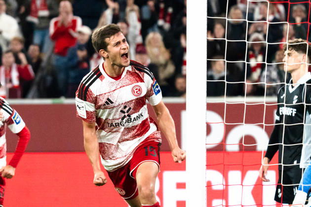 Deutschland: 3. Liga 2026 2027 Fortuna Düsseldorf vs. SC Verl 8. Spieltag 12.10.2026 Merkur Spiel-Arena (Nordrhein-Westfalen) Tor zum 1:0 durch Tim Oberdorf (Fortuna Dusseldorf, 15) Jubel Freude Emotionen Torjubel Copyright: xCelinaxLeiersx