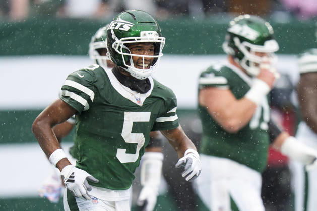 Oct 11, 2026; East Rutherford, NJ, USA; New York Jets wide receiver Garrett Wilson (5) reacts to his touchdown during an NFL, American Football Herren, USA game against the Cleveland Browns at MetLife Stadium. Mandatory Credit: -Cal Media NFL 2026: Browns Vs Jets OCT 11  - ZUMAc04_ 20261011_zma_c04_038 Copyright: xChrisxSzagolax