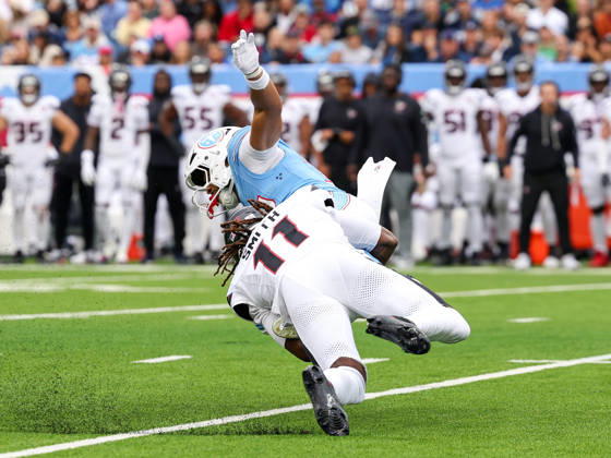 Oct 11, 2026; Nashville, TN, USA; Tennessee Titans wide receiver Chimere Dike (17) is tackled by Houston Texans cornerback Tremon Smith (11) on a punt return during the NFL, American Football Herren, USA regular season game between the Houston Texans and Tennessee Titans at Nissan Stadium. Mandatory Credit: -Cal Media NFL 2026: Texans Vs Titans OCT 11 - ZUMAc04_ 20261011_zma_c04_048 Copyright: xStephenxFurstx