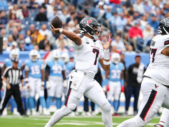 Oct 11, 2026; Nashville, TN, USA; Houston Texans quarterback C.J. Stroud (7) passes the ball during the NFL, American Football Herren, USA regular season game between the Houston Texans and Tennessee Titans at Nissan Stadium. Mandatory Credit: -Cal Media NFL 2026: Texans Vs Titans OCT 11 - ZUMAc04_ 20261011_zma_c04_050 Copyright: xStephenxFurstx