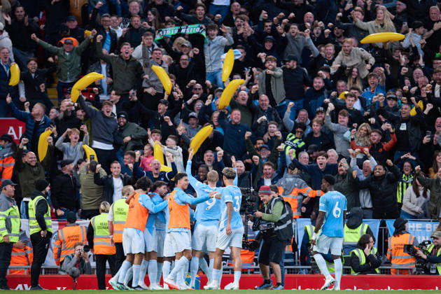 LIVERPOOL, ENGLAND - OCTOBER 11: Erling Haaland of Manchester City celebrates after scoring the team s first goal with teammates during the Premier League 2026 27 football match between Liverpool FC and Manchester City at Anfield on October 11, 2026 in Liverpool, England. (Photo by Koby Abbott Sports Press Photo) Copyright: xKobyxAbbott SportsxPressxPhotox Sportspressphoto_SPR252583