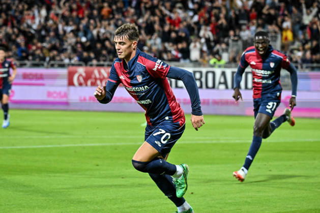 IPA89566258 - Daniel Maldini of Cagliari Calcio, Exultation, Joy, Celebration after scoring a goal, during the Cagliari Calcio vs. Juventus FC Italian Serie A soccer match in Cagliari, Italy, October 11, 2026 Copyright: xLuigixCanu IPAxSportx xx IPA89566258
