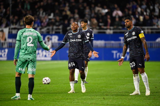 ESTAC Troyes v Olympique de Marseille - Ligue 1 McDonald s 2026 2027 Lucas MARONNIER of Troyes , Emerson PALMIERI of Olympique de Marseille , Igor PAIXAO of Olympique de Marseille during Ligue 1 McDonald s match between Troyes and Marseille at Stade de l Aube on October 11, 2026 in Troyes, France. Troyes France  Copyright: xEwenxGavetx 776573381