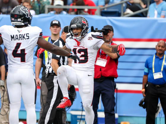 Oct 11, 2026; Nashville, TN, USA; Houston Texans wide receiver Jaylin Noel (13) celebrates in the end zone after scoring a touchdown during the NFL, American Football Herren, USA regular season game between the Houston Texans and Tennessee Titans at Nissan Stadium. Mandatory Credit: -Cal Media NFL 2026: Texans Vs Titans OCT 11  - ZUMAc04_ 20261011_zma_c04_082 Copyright: xStephenxFurstx