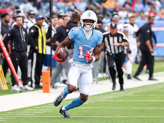 Oct 11, 2026; Nashville, TN, USA; Tennessee Titans wide receiver Carnell Tate (14) breaks out for yards after a catch during the NFL, American Football Herren, USA regular season game between the Houston Texans and Tennessee Titans at Nissan Stadium. Mandatory Credit: -Cal Media Nashville USA - ZUMAc04_ 20261011_zma_c04_081 Copyright: xStephenxFurstx