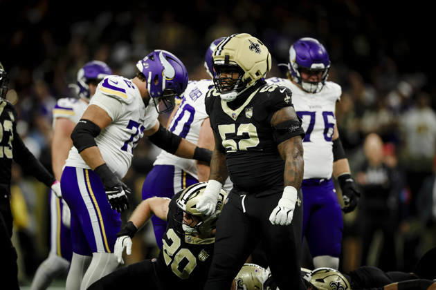 NEW ORLEANS, LA - OCTOBER 11: Christen Miller 52 of the New Orleans Saints reacts after a defensive stop against the Minnesota Vikings during the first half of a game at Caesars Superdome on October 11, 2026, in New Orleans, Louisiana. (Photo by Derick Hingle Icon Sportswire) NFL, American Football Herren, USA OCT 11 Vikings at Saints EDITORIAL USE ONLY Icon126261011001