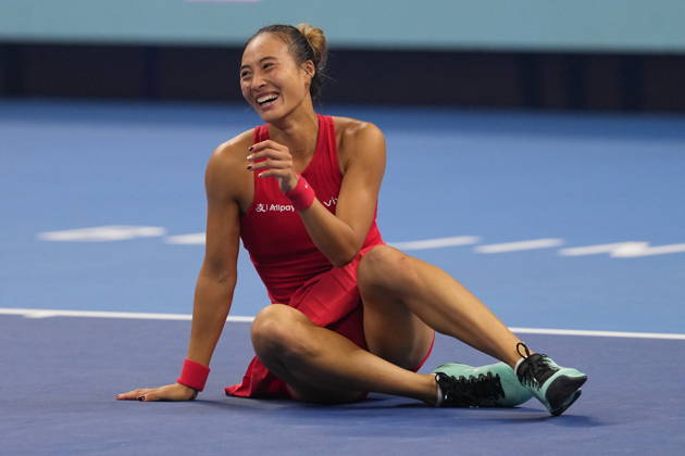 (261011) -- BEIJING, Oct. 11, 2026 -- Zheng Qinwen celebrates victory after the women s singles final between Zheng Qinwen of China and Mirra Andreeva of Russia at 2026 China Open tennis tournament in Beijing, China, Oct. 11, 2026. ) (SP)CHINA-BEIJING-TENNIS-CHINA OPEN-WOMEN S SINGLES-FINAL (CN) SunxFei