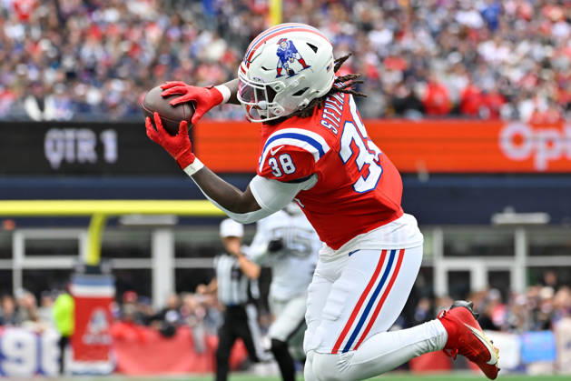 Oct 11, 2026; Foxborough, MA, USA; New England Patriots running back Rhamondre Stevenson (38) makes a catch against the Las Vegas Raiders during the first half at Gillette Stadium. Mandatory Credit: -Cal Media Foxborough USA - ZUMAc04_ 20261011_zma_c04_132 Copyright: xEricxCanhax