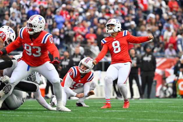 Oct 11, 2026; Foxborough, MA, USA; New England Patriots place kicker Andy Borregales (8) kicks an extra point against the Las Vegas Raiders during the second half at Gillette Stadium. Mandatory Credit: -Cal Media Foxborough USA - ZUMAc04_ 20261011_zma_c04_157 Copyright: xEricxCanhax