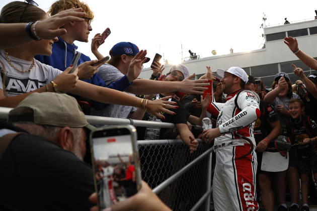 CHARLOTTE, NC - OCTOBER 11: Chase Briscoe ( 19 Joe Gibbs Racing Freebird Spring Water Toyota) celebrates after winning the NASCAR, Motorsport, USA Cup Series Playoffs Bank of America 400 race on October 11, 2026 at Charlotte Motor Speedway in Charlotte, NC. (Photo by Jeff Robinson Icon Sportswire) AUTO: OCT 11 NASCAR Cup Series Playoffs Bank of America 400 EDITORIAL USE ONLY Icon2610111979400