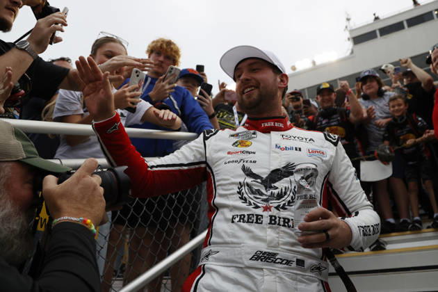 CHARLOTTE, NC - OCTOBER 11: Chase Briscoe ( 19 Joe Gibbs Racing Freebird Spring Water Toyota) celebrates after winning the NASCAR, Motorsport, USA Cup Series Playoffs Bank of America 400 race on October 11, 2026 at Charlotte Motor Speedway in Charlotte, NC. (Photo by Jeff Robinson Icon Sportswire) AUTO: OCT 11 NASCAR Cup Series Playoffs Bank of America 400 EDITORIAL USE ONLY Icon2610112005400