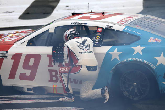 CHARLOTTE, NC - OCTOBER 11: Chase Briscoe ( 19 Joe Gibbs Racing Freebird Spring Water Toyota) reflects after winning the NASCAR, Motorsport, USA Cup Series Playoffs Bank of America 400 race on October 11, 2026 at Charlotte Motor Speedway in Charlotte, NC. (Photo by Jeff Robinson Icon Sportswire) AUTO: OCT 11 NASCAR Cup Series Playoffs Bank of America 400 EDITORIAL USE ONLY Icon261011639400